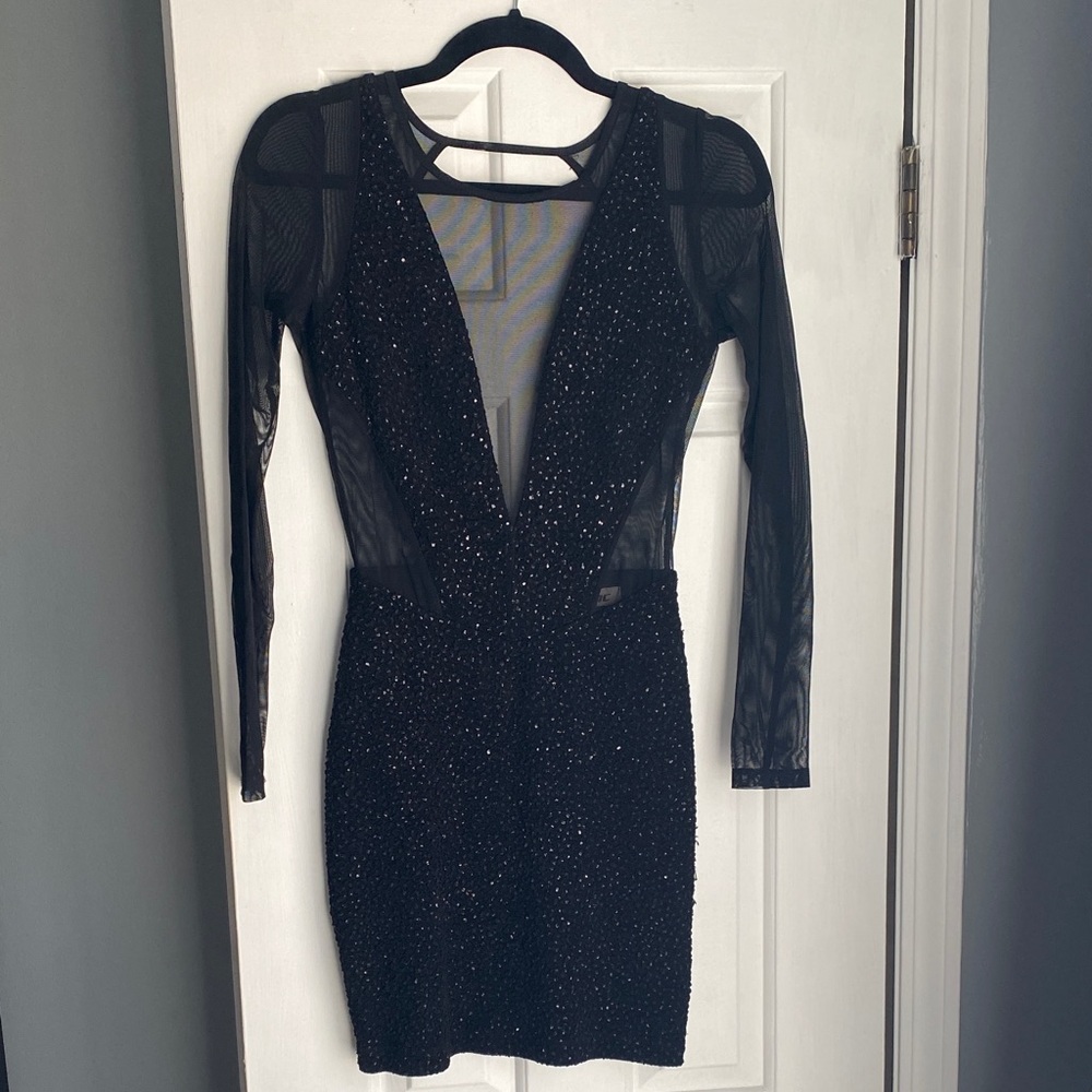 Mystic Sparkle Mesh Long Sleeve Plunge Dress